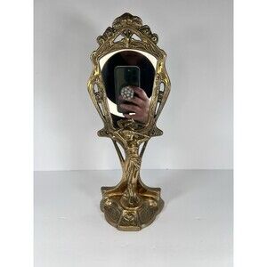 hand held Mirror Stand with Lady Figurine Nouveau cast Brass  11- 7/8" tall
